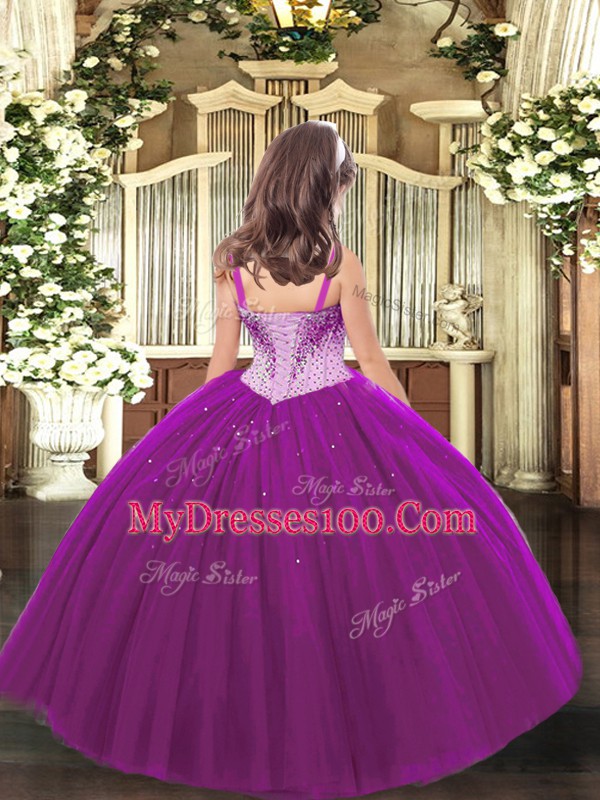Olive Green Lace Up Straps Beading Pageant Gowns For Girls Tulle Sleeveless