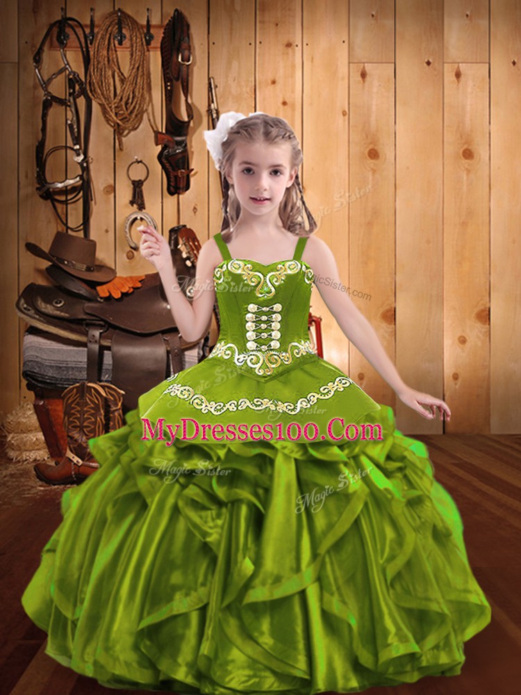 Adorable Straps Sleeveless Little Girls Pageant Dress Floor Length Embroidery and Ruffles Olive Green Organza