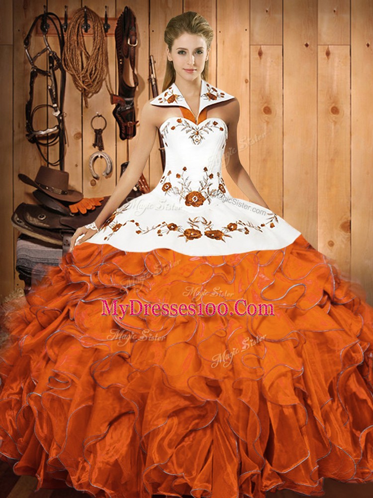 Affordable Satin and Organza Sleeveless Floor Length Sweet 16 Dress and Embroidery and Ruffles