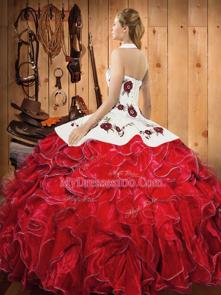 Affordable Satin and Organza Sleeveless Floor Length Sweet 16 Dress and Embroidery and Ruffles