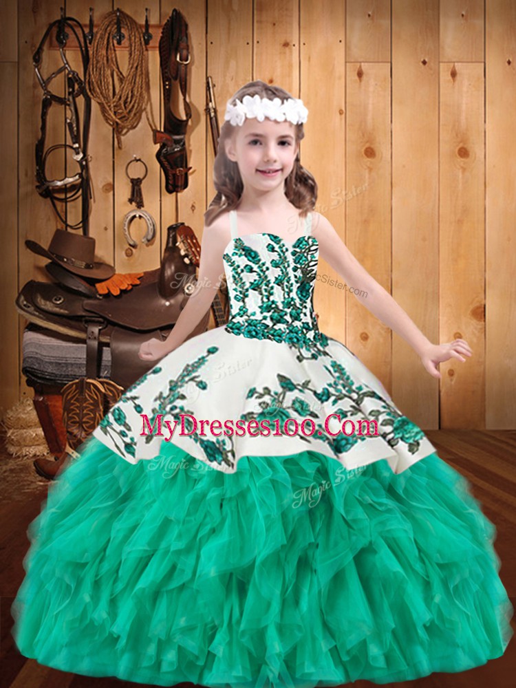 Excellent Turquoise Child Pageant Dress Party and Sweet 16 and Quinceanera and Wedding Party with Embroidery and Ruffles Straps Sleeveless Lace Up