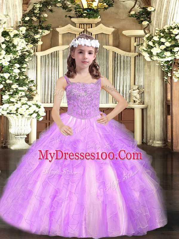 Lilac Straps Lace Up Beading and Ruffles Girls Pageant Dresses Sleeveless
