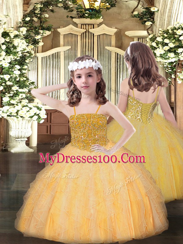 Dazzling Orange Girls Pageant Dresses Party and Quinceanera with Beading and Ruffles Spaghetti Straps Sleeveless Lace Up
