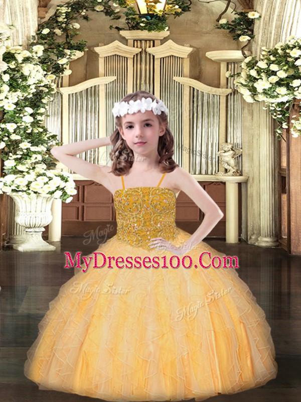 Dazzling Orange Girls Pageant Dresses Party and Quinceanera with Beading and Ruffles Spaghetti Straps Sleeveless Lace Up