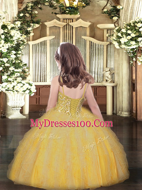 Dazzling Orange Girls Pageant Dresses Party and Quinceanera with Beading and Ruffles Spaghetti Straps Sleeveless Lace Up