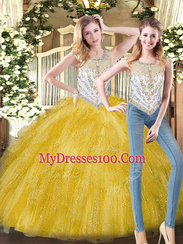 Floor Length Zipper Vestidos de Quinceanera Yellow for Military Ball and Sweet 16 and Quinceanera with Beading and Ruffles