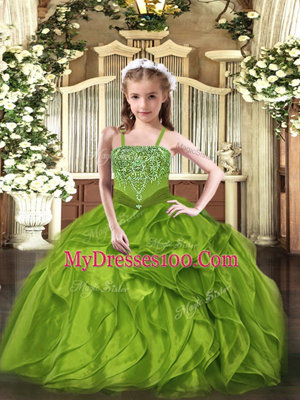 Floor Length Olive Green Little Girls Pageant Dress Wholesale Organza Sleeveless Beading and Ruffles