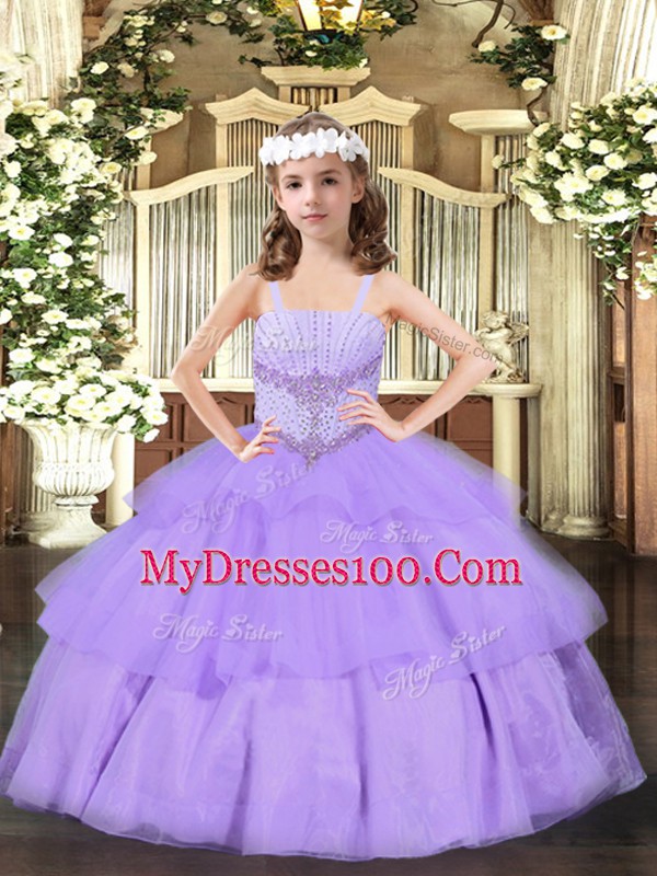 Fashion Lavender Lace Up High School Pageant Dress Beading and Ruffled Layers Sleeveless Floor Length
