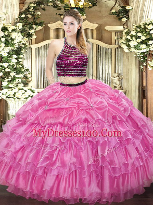 Vintage Rose Pink Sleeveless Organza Zipper Vestidos de Quinceanera for Military Ball and Sweet 16 and Quinceanera