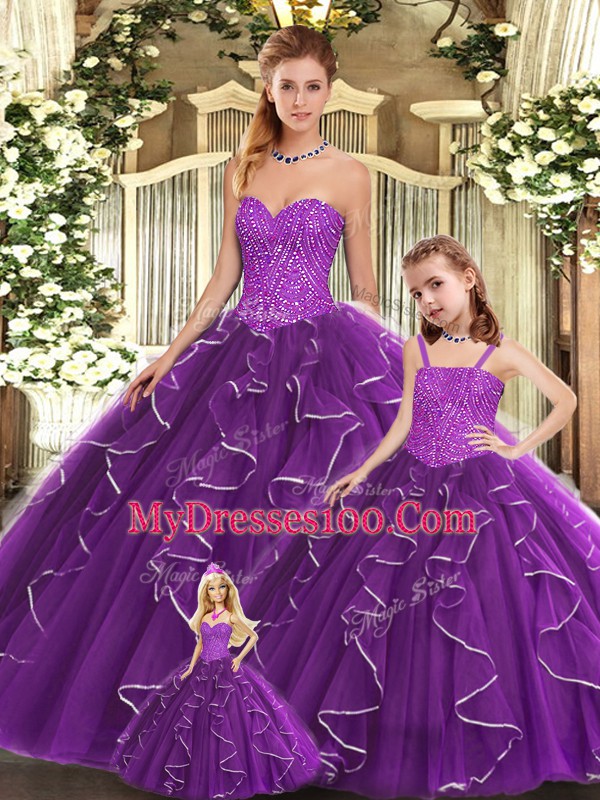 Custom Design Purple Lace Up Quinceanera Dress Beading and Ruffles Sleeveless Floor Length