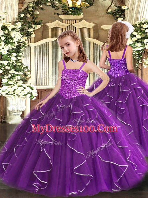 Custom Design Purple Lace Up Quinceanera Dress Beading and Ruffles Sleeveless Floor Length