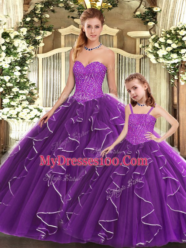 Custom Design Purple Lace Up Quinceanera Dress Beading and Ruffles Sleeveless Floor Length