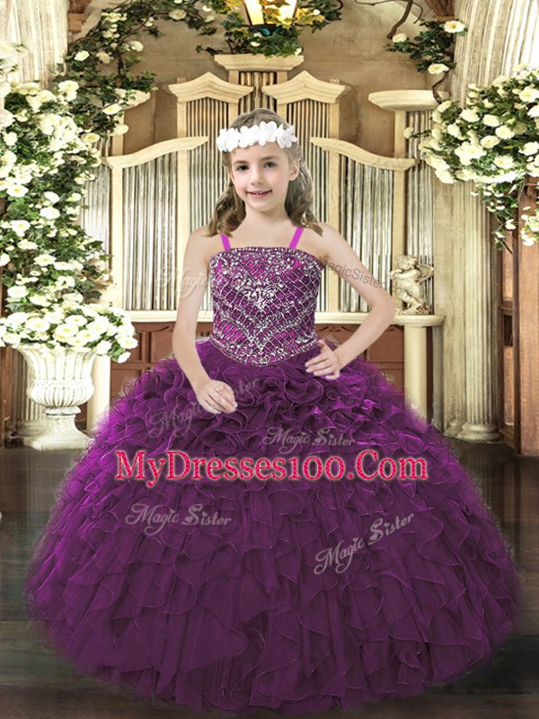 Straps Sleeveless Organza Child Pageant Dress Beading and Ruffles Lace Up