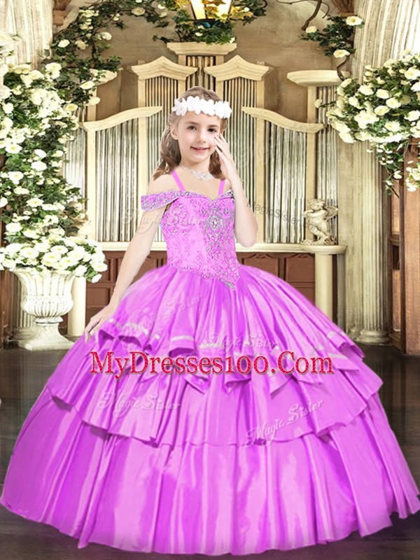 Affordable Off The Shoulder Sleeveless Lace Up Little Girls Pageant Dress Lilac Organza