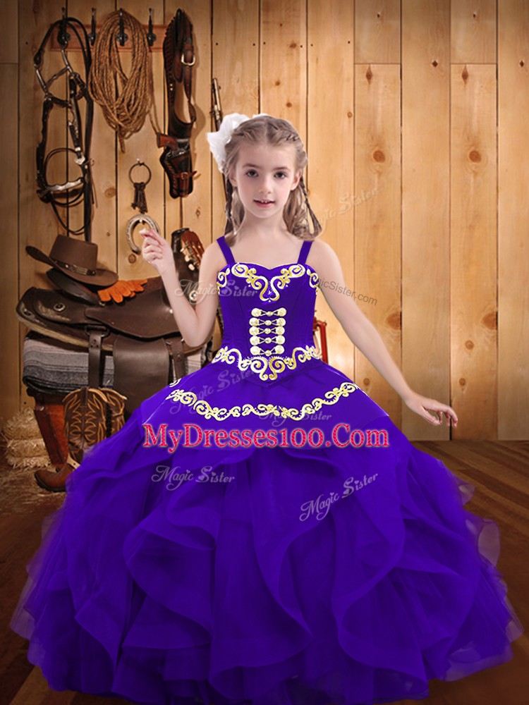 Eggplant Purple Ball Gowns Straps Sleeveless Organza Floor Length Lace Up Embroidery and Ruffles Little Girls Pageant Gowns