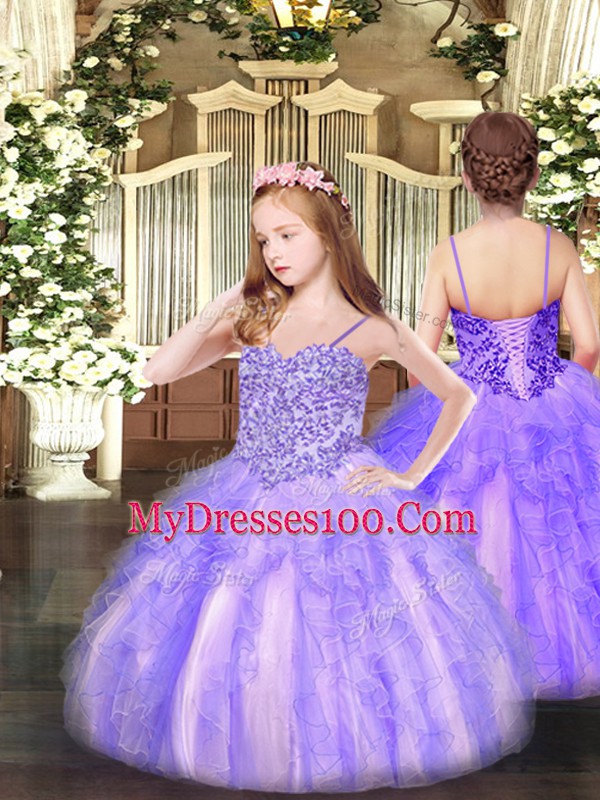 Cheap Lavender Sleeveless Appliques and Ruffles Floor Length Kids Pageant Dress