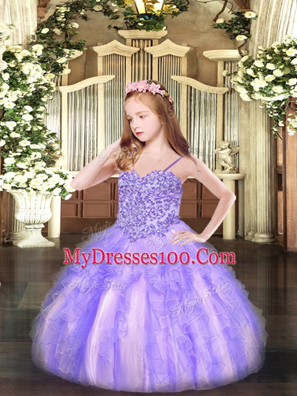 Cheap Lavender Sleeveless Appliques and Ruffles Floor Length Kids Pageant Dress
