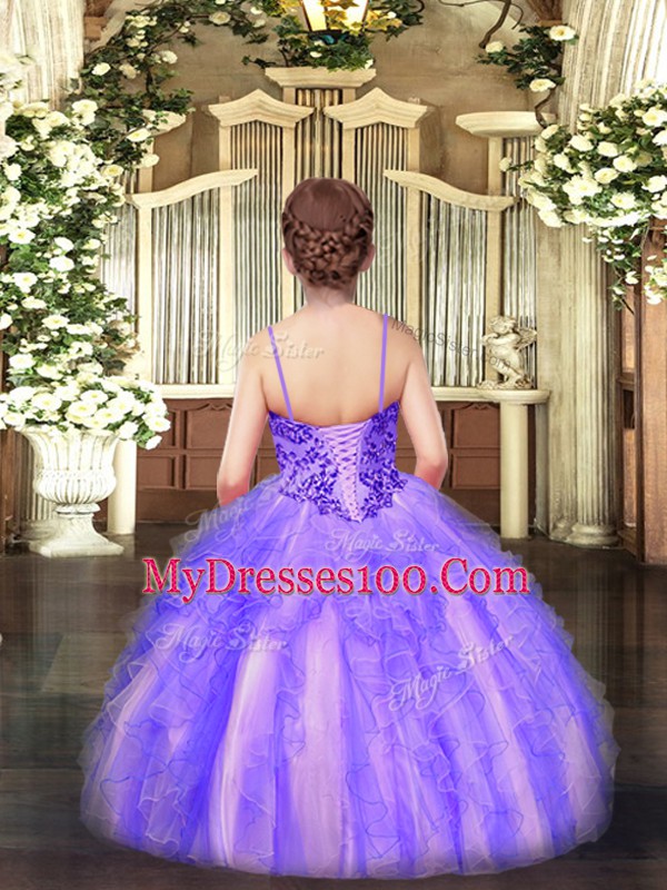Cheap Lavender Sleeveless Appliques and Ruffles Floor Length Kids Pageant Dress