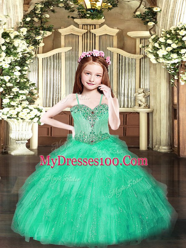 Sleeveless Tulle Floor Length Lace Up Little Girls Pageant Dress in Turquoise with Beading and Ruffles