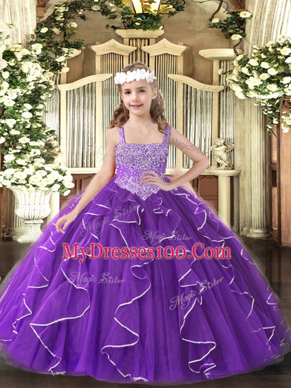 Pretty Straps Sleeveless Pageant Dress for Teens Floor Length Beading and Ruffles Purple Tulle