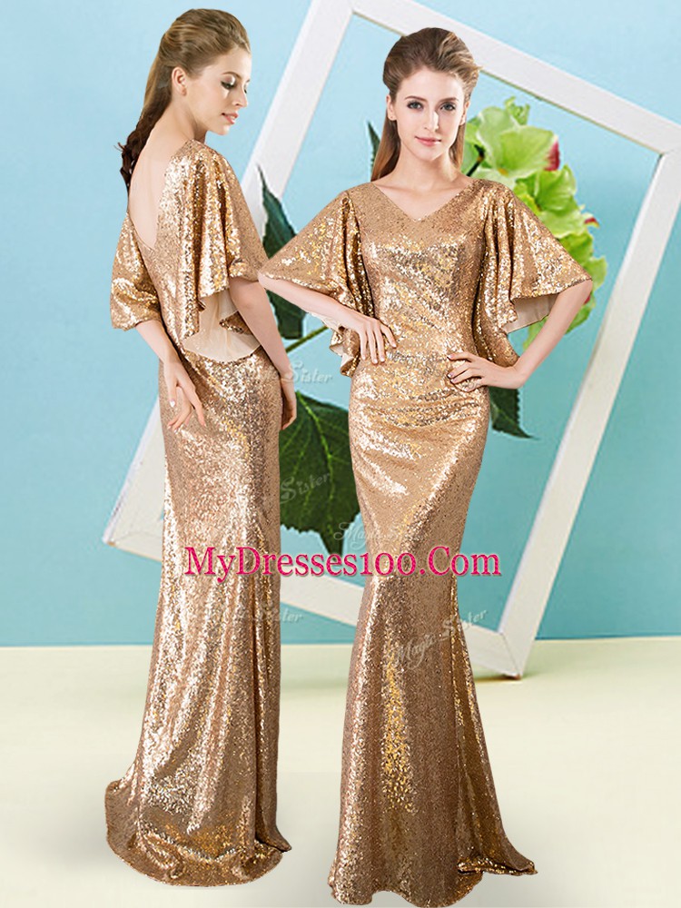 Modern Gold Mermaid Sequined V-neck Half Sleeves Sequins Floor Length Zipper Prom Evening Gown