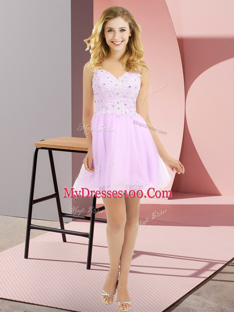 Deluxe Sleeveless Mini Length Beading and Lace Side Zipper Damas Dress with Lilac
