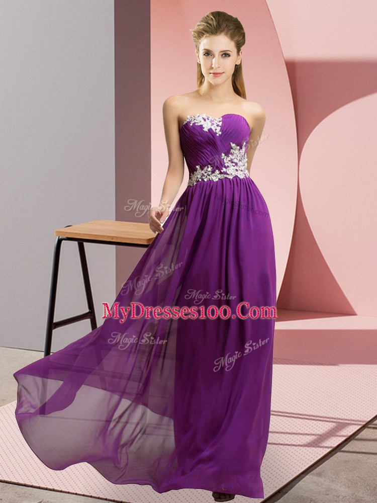 Beauteous Appliques Prom Evening Gown Purple Lace Up Sleeveless Floor Length
