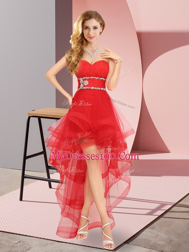 Fine High Low Red Quinceanera Court of Honor Dress Tulle Sleeveless Beading