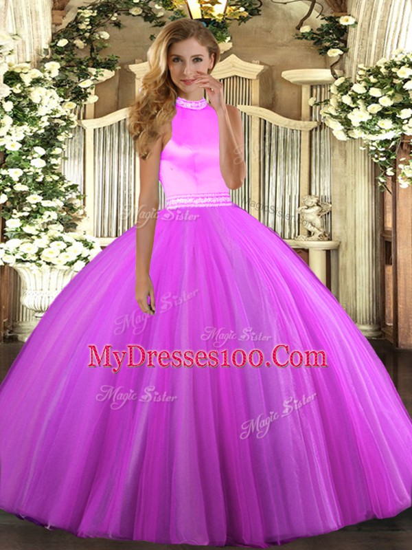 Elegant Beading Quince Ball Gowns Rose Pink and Lilac Backless Sleeveless Floor Length