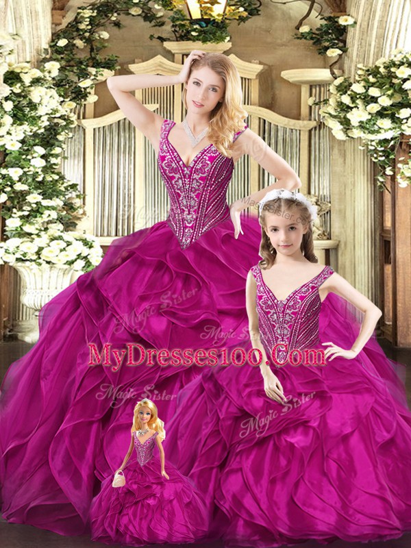 Floor Length Ball Gowns Sleeveless Fuchsia Quinceanera Gown Lace Up