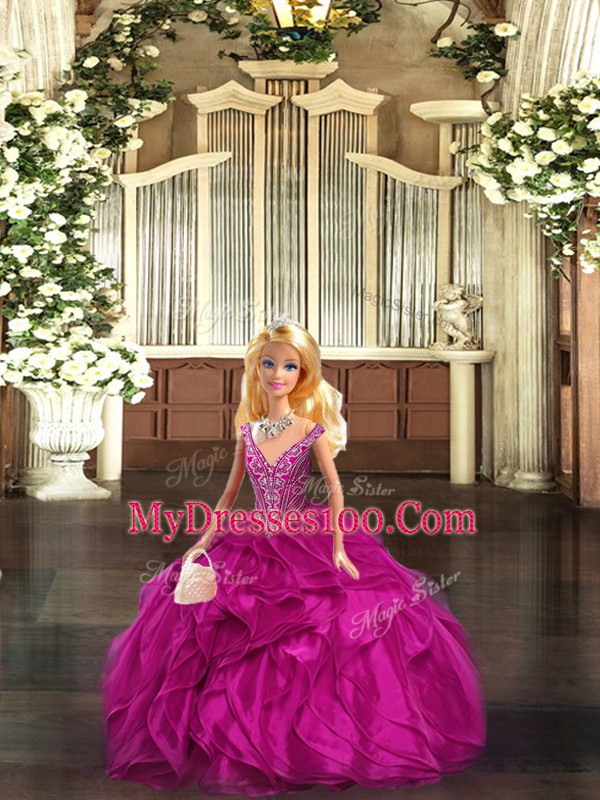 Floor Length Ball Gowns Sleeveless Fuchsia Quinceanera Gown Lace Up