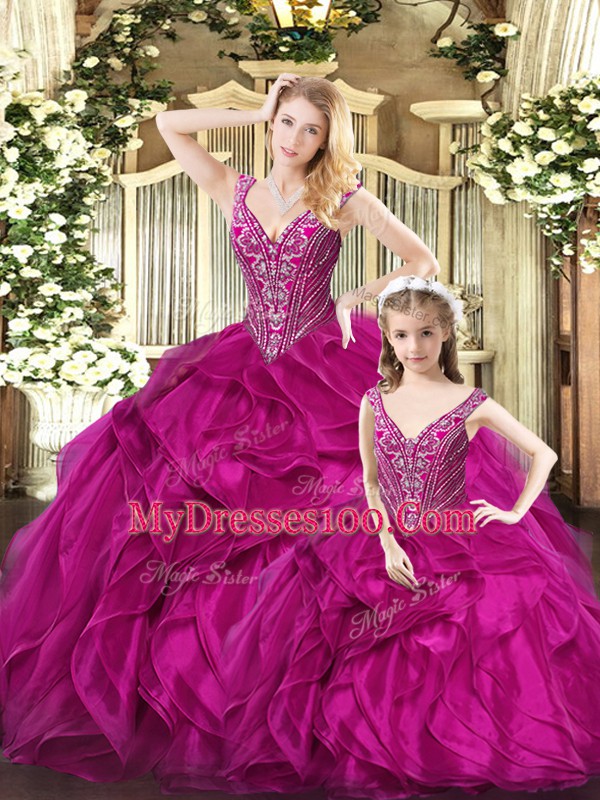 Floor Length Ball Gowns Sleeveless Fuchsia Quinceanera Gown Lace Up