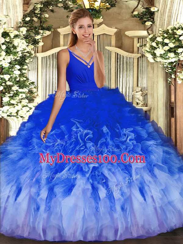 Super Tulle Sleeveless Floor Length Vestidos de Quinceanera and Ruffles