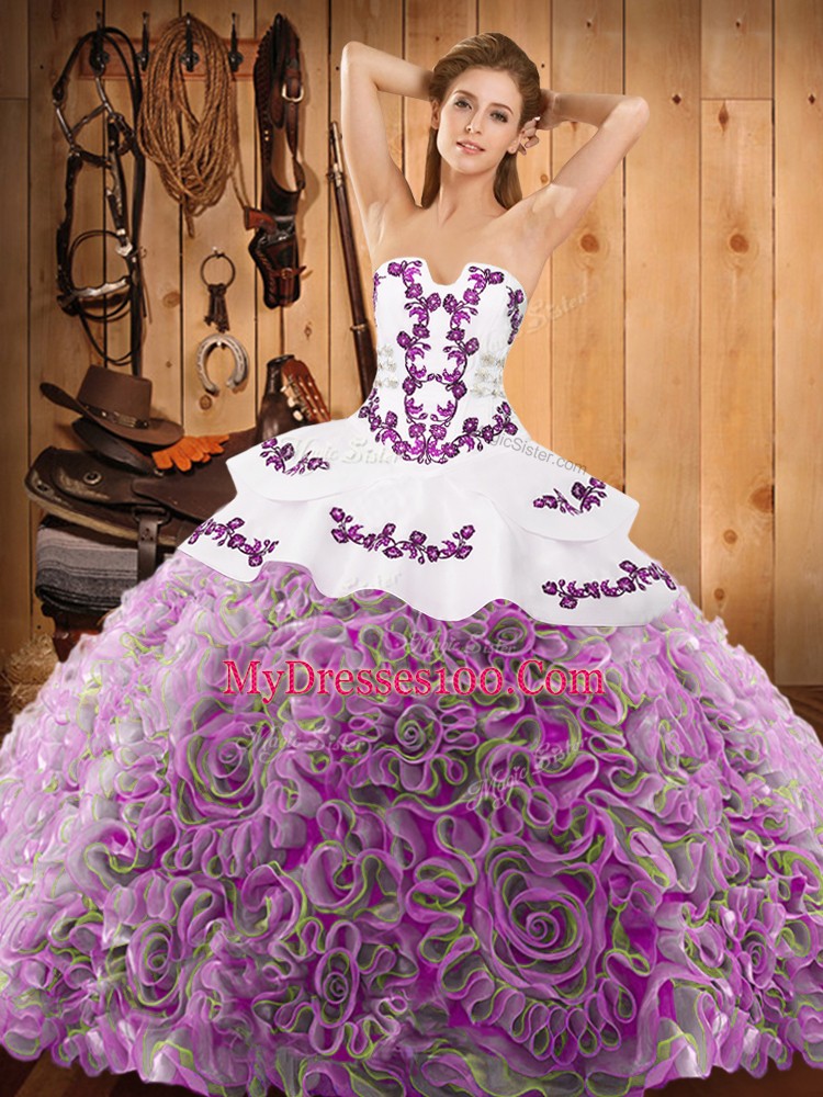 With Train Multi-color Quinceanera Dresses Satin and Fabric With Rolling Flowers Sweep Train Sleeveless Embroidery