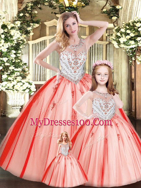 Scoop Sleeveless Lace Up 15th Birthday Dress Red Tulle