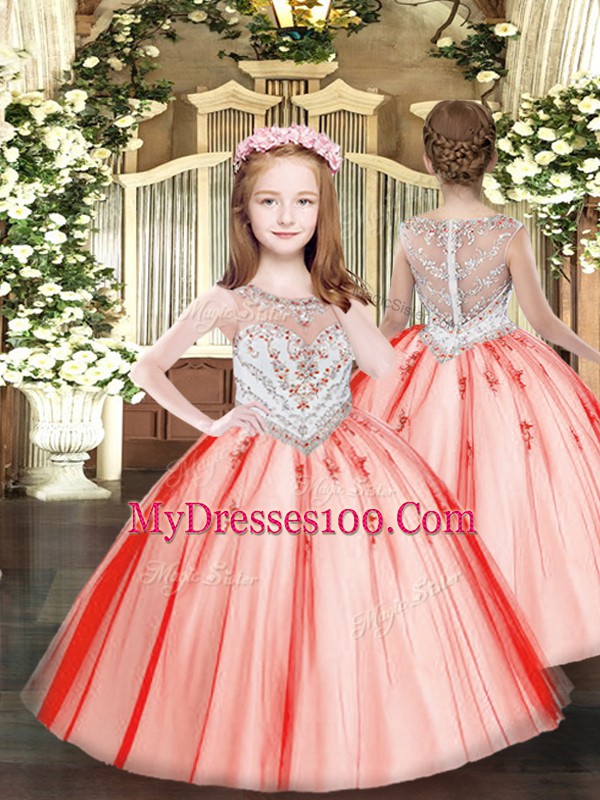 Scoop Sleeveless Lace Up 15th Birthday Dress Red Tulle