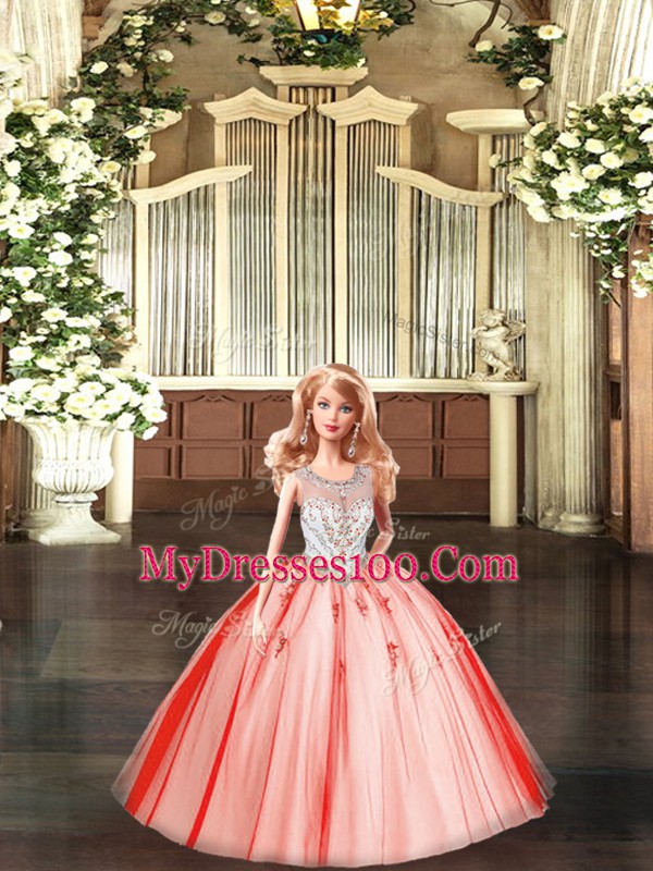 Scoop Sleeveless Lace Up 15th Birthday Dress Red Tulle