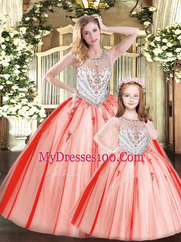 Scoop Sleeveless Lace Up 15th Birthday Dress Red Tulle