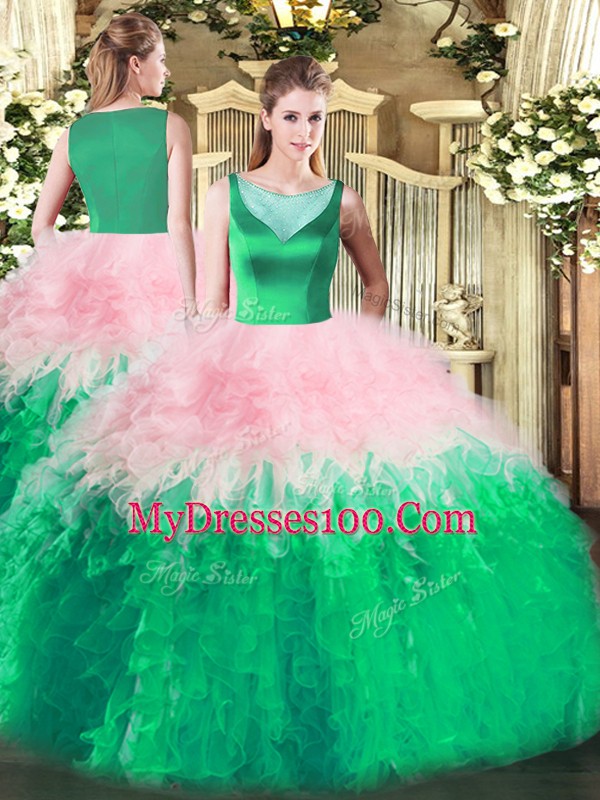 Multi-color Ball Gowns Tulle Scoop Sleeveless Beading and Ruffles Floor Length Side Zipper 15 Quinceanera Dress