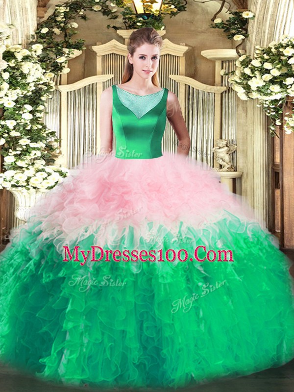 Multi-color Ball Gowns Tulle Scoop Sleeveless Beading and Ruffles Floor Length Side Zipper 15 Quinceanera Dress