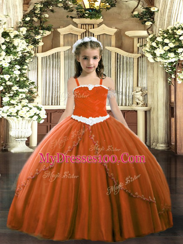 Glorious Rust Red Lace Up Straps Appliques Kids Formal Wear Tulle Sleeveless Sweep Train