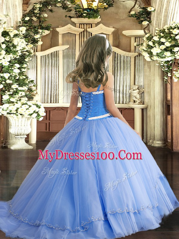 Glorious Rust Red Lace Up Straps Appliques Kids Formal Wear Tulle Sleeveless Sweep Train