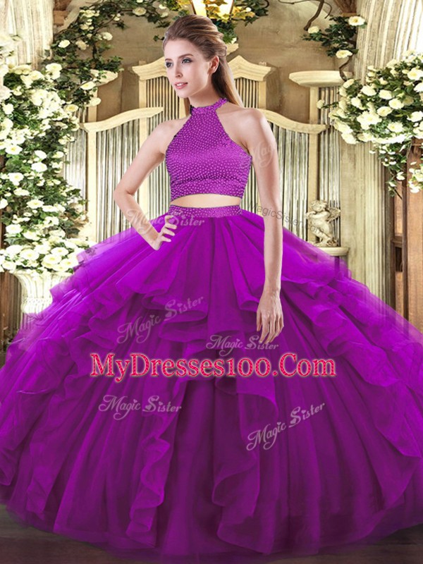 Most Popular Purple Halter Top Backless Beading and Ruffles Quinceanera Dresses Sleeveless