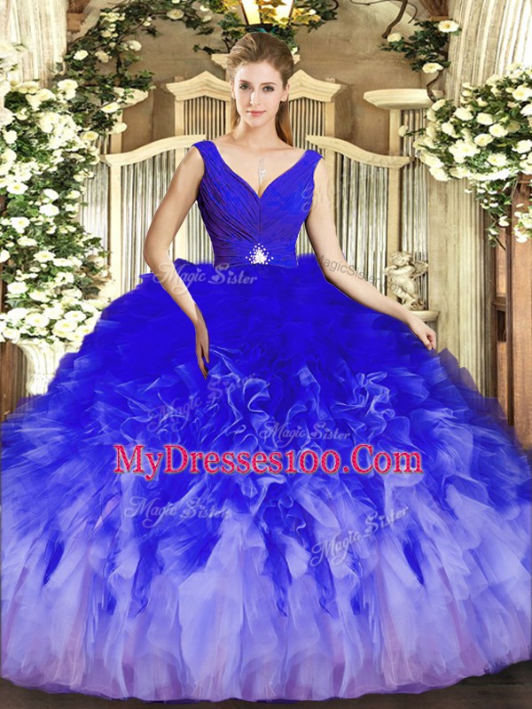 Multi-color Sleeveless Floor Length Beading and Ruffles Backless Quinceanera Gowns