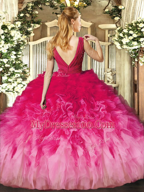 Multi-color Sleeveless Floor Length Beading and Ruffles Backless Quinceanera Gowns