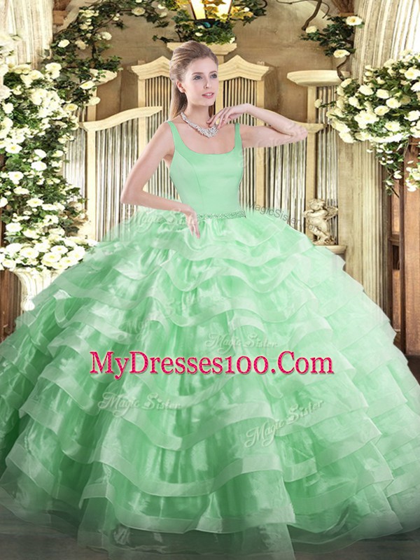 Floor Length Apple Green Sweet 16 Dress Organza Sleeveless Beading and Ruffled Layers