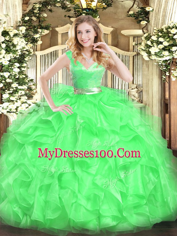 Custom Made Green Ball Gowns Tulle V-neck Sleeveless Beading and Ruffles Floor Length Zipper Sweet 16 Dress