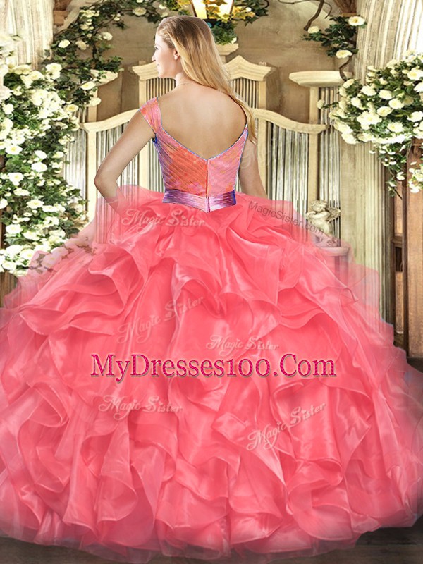 Custom Made Green Ball Gowns Tulle V-neck Sleeveless Beading and Ruffles Floor Length Zipper Sweet 16 Dress