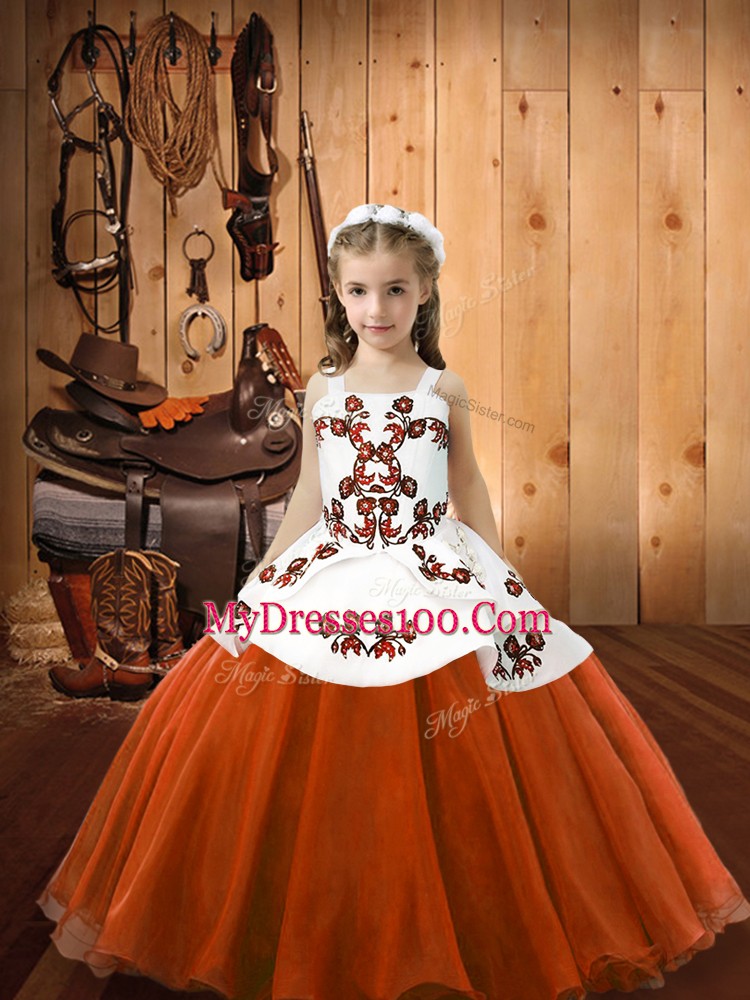 Organza and Tulle Straps Sleeveless Lace Up Embroidery Kids Pageant Dress in Orange Red