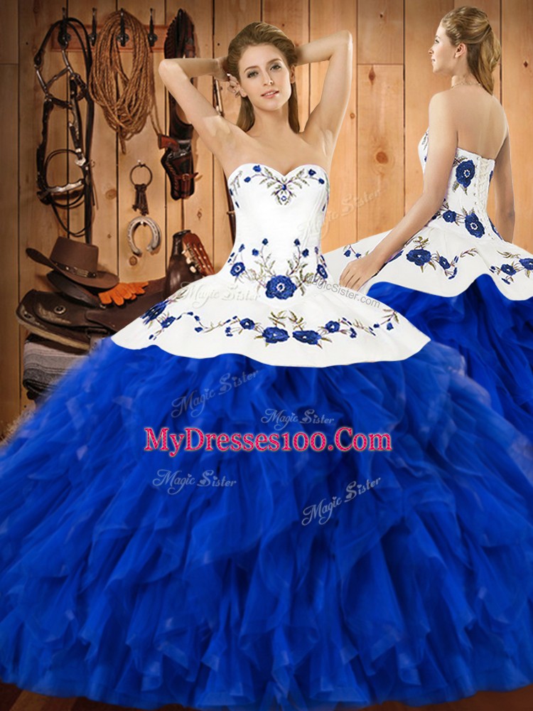 Blue And White Sleeveless Satin and Organza Lace Up Ball Gown Prom Dress for Military Ball and Sweet 16 and Quinceanera